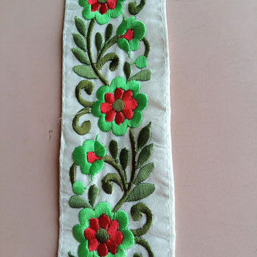 Beige Fabric Trim With Green And Red Floral Embroidery, 56mm wide
